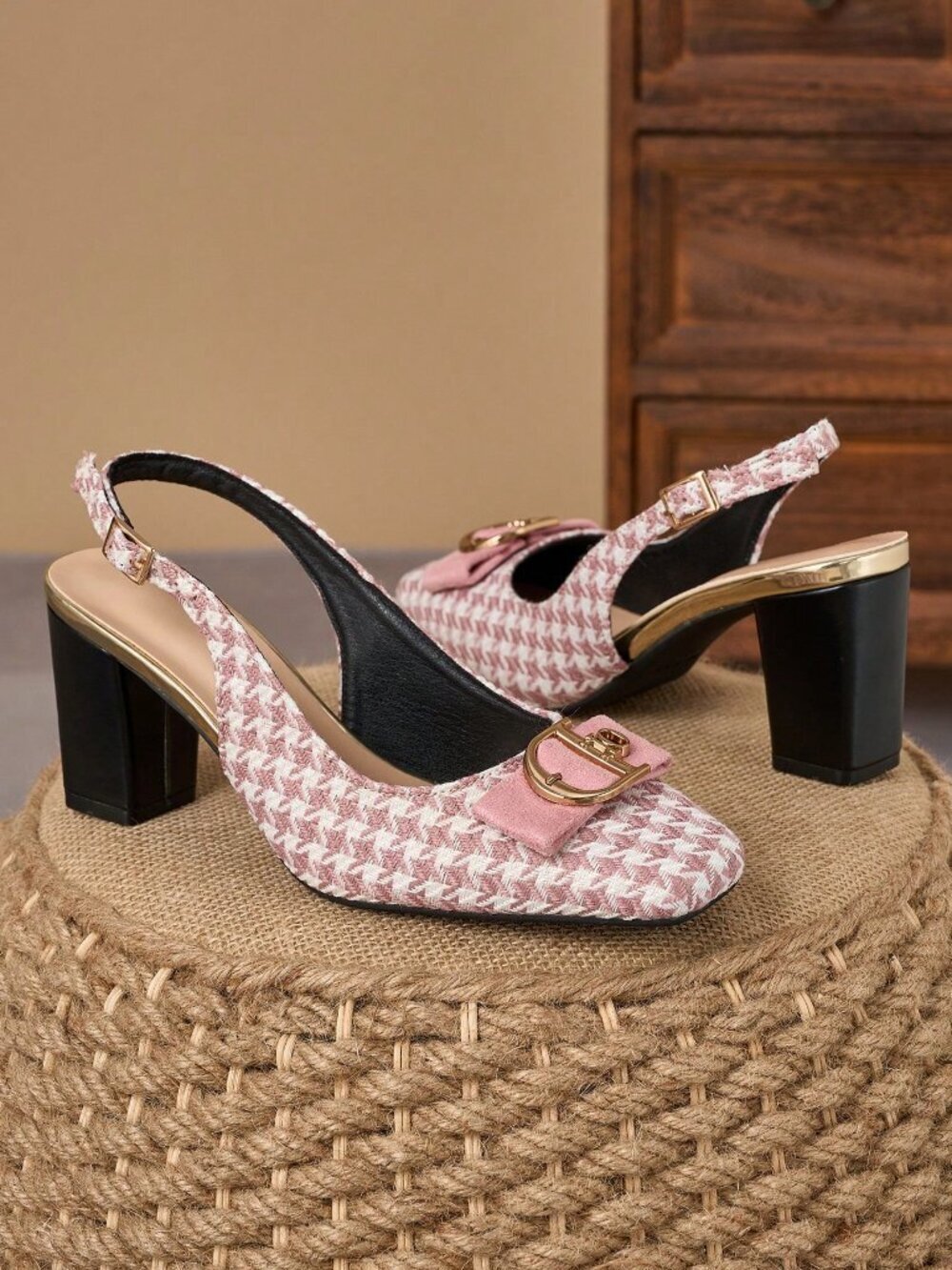 Pink Elegant Women' Soft Chunky houndstooth Heel Pumps